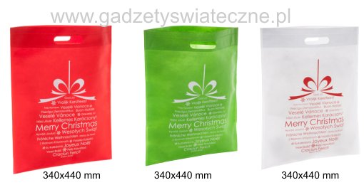 orebka świąteczna na prezenty, z życzeniami na bombce, non woven; czerwona, zielona. biała